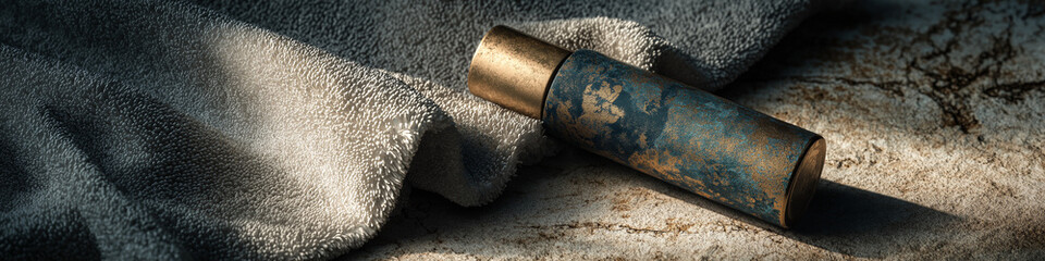 Poster - A textured cylinder with gold accents resting on a towel and cracked surface in soft lighting