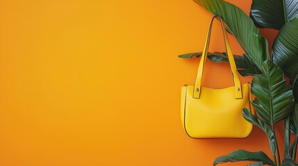 Fototapete - Yellow handbag next to tropical leaves on orange background.