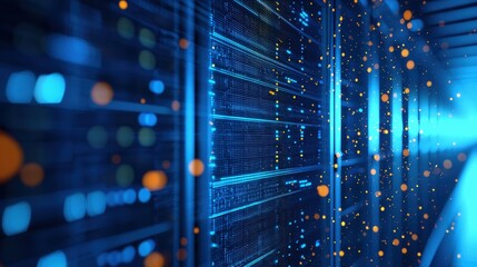 Aufkleber - Futuristic glowing server racks with floating data particles in a blue-lit corridor, symbolizing high-speed data transfer, digital infrastructure, network communication, and modern cloud technology