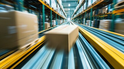 Aufkleber - Fast-moving cardboard boxes on a conveyor belt in a large warehouse.