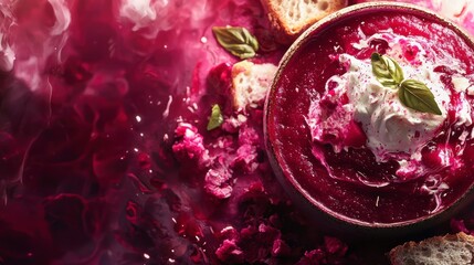 Poster - Creamy beetroot soup in bowl with bread, basil, and artistic background.