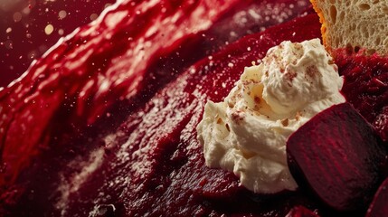 Poster - Close-up of vibrant beetroot purée with whipped cream and bread.