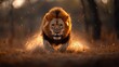 © Larisa AI - A stunning image of a majestic lion running dynamically across a golden landscape, capturing the raw power and grace of wildlife in its natural habitat.