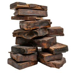 Poster - Stacked wooden blocks create rustic and artistic display, showcasing their weathered textures and rich brown tones. arrangement evokes sense