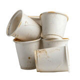 Dirty disposable cups stacked haphazardly, showcasing their worn and stained surfaces, evoke sense of waste and environmental concern Dirty disposable cups stacked haphazardly, showcasing their worn and stained surfaces, evoke sense of waste and environmental concern