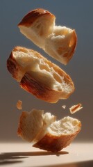 Poster - Floating Slices of Sourdough Bread Create a Whimsical Atmosphere Against a Minimalist Backdrop Highlighting Their Delicious Texture and Form