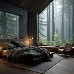 Aufkleber - Cozy Escape in a Modern Bedroom Surrounded by Tranquil Rain-Soaked Forest Views, Perfect for Relaxation and Reflection