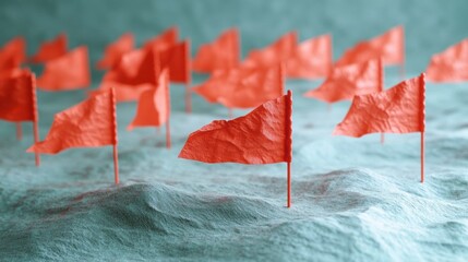 Fototapete - Numerous small red flags planted on a textured surface, suggesting warnings or markers.