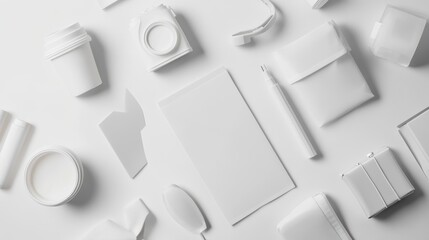 Fototapete - Flat lay of various white stationery and mockup items on white background.