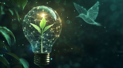 Poster - Glowing lightbulb with plant sprout and hummingbird, symbolizing green energy and environmental sustainability.