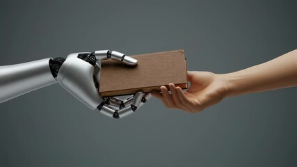 Poster - Robot artificial intelligence hand transmitting brown book to human woman. Future technology, education, knowledge transfer. Footage.