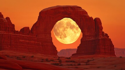 Poster - Full moon rising behind a sandstone arch at sunset in a desert landscape.