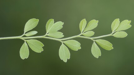 Poster - Close-up of a delicate green plant branch with uniquely shaped leaves against a blurred green background.