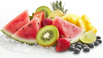 Poster - Juicy watermelon, pineapple, kiwi, strawberries, and blueberries on ice.