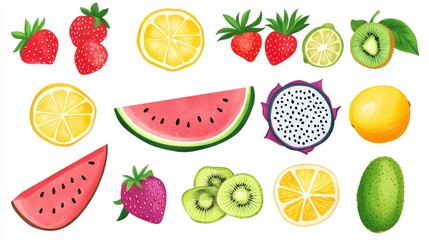Poster - Collection of vibrant, juicy fruits including strawberries, lemons, watermelon, kiwi, lime, and dragon fruit, isolated on white background.