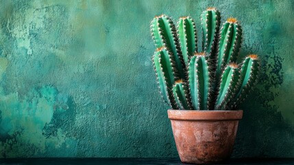 Poster - Lush green cactus in terracotta pot against a teal textured wall.