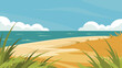 © Khan - Scenic beach landscape with grass and sea under blue cloudy sky illustration