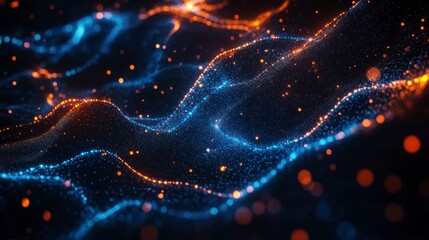 Poster - Abstract blue and orange glowing particle waves on dark background.