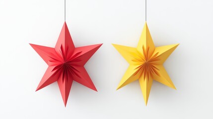 Poster - Two hanging paper stars, red and yellow, on white background. (1)