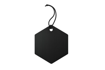 Poster - Black hexagonal label dangling from thin string, suspended against transparent backdrop, highlighting minimal branding design