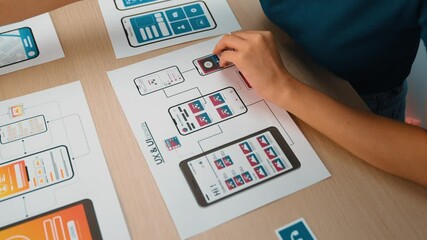 Poster - Startup company employee planning for user interface prototype for mobile application or website in office with model of program on desk. UX UI designer consider user friendly interface plan. Synergic