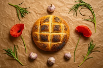 Poster - Rustic Poppy Seed Bread with Herbs and Garlic — Flatlay Food Art