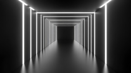 Poster - Abstract dark corridor with bright neon lights, glowing lines receding into the distance.