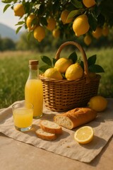 Aufkleber -  Lemon Picnic with Juice and Bread – Sunny Summer Orchard Scene