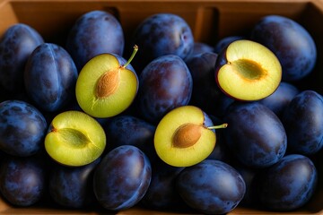 Poster -  Fresh Blue Plums with Halved Fruit – Rustic Market Close-Up