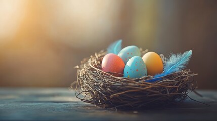 Aufkleber - Colorful Easter eggs in a bird's nest on a wooden surface, backlit by warm sunlight.