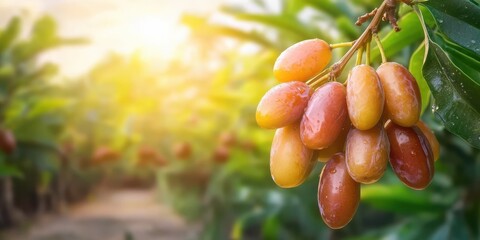 Bunch Of Ripe Dates Hanging On A Tree Branch In A Sunny Orchard. Fresh Organic Fruit Ready For Harvest