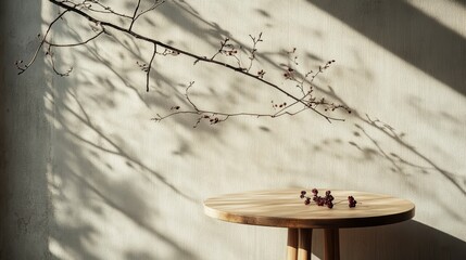 Poster - Sunlit wooden table with berries and branch casting shadows on a textured wall.