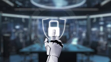 Poster - A futuristic robot hand interacts with a glowing security shield icon in a high-tech control room, symbolizing advanced cyber protection and digital safety concepts. Auvana