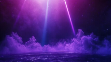 Poster - Futuristic purple and blue neon light beams illuminating smoky ground.