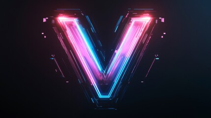 Poster - Glowing neon letter V, futuristic, vibrant pink and blue, digital, abstract.