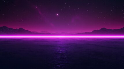 Poster - Pink neon light over a calm, dark water, reflecting on a surface with mountains in the background under a starry night sky.