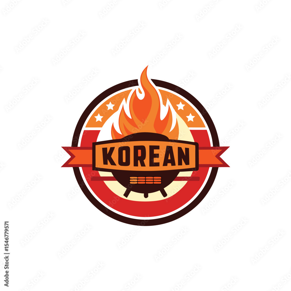 Korean BBQ Restaurant Logo with Grill and Flames – Circular Badge Style ...