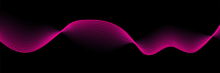 Poster - Flowing dots particles wave pattern pink isolated on black background. Vector in concept of technology, science, music, modern.