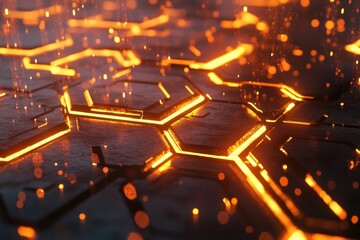 Poster - Glowing hexagonal pattern on a technology background with radiant effects, Technology background with glowing hexagons 3D render seamless
