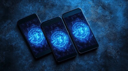 Aufkleber - Three smartphones displaying a futuristic, glowing blue digital interface on a dark background.