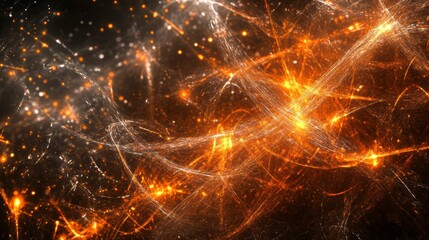 Poster - Abstract fiery orange and white glowing particles and lines on dark background.