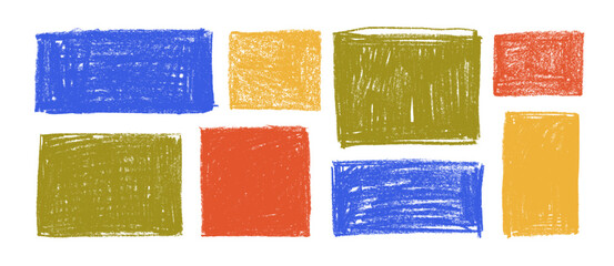 Poster - Colorful hand drawn text boxes with crayon texture. Childish drawn rough squares and rectangles. Cute memo stickers. Colorful charcoal geometric basic shapes. Various empty square shapes.