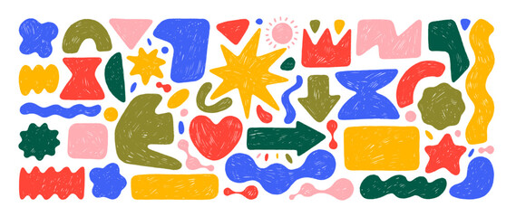 Poster - Various crayon drawn geometric figures with rounded edges. Funky organic geometric shapes, childish doodle figures. Simple primitive elements and forms with pencil or chalk texture. Kid stickers.