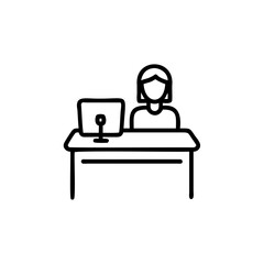 Aufkleber - Woman Sitting at Desk Using Computer Simple Line Art Icon Hadmade office work
