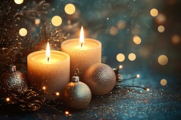 Poster - Three glittery candles illuminate a festive decor setting for celebration and warmth, Three lit glitter candles with festive decorations in warm bokeh background