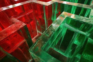 Poster - Exploring a maze crafted from red and green glass shapes in an artistic installation, Red Green glass nebula maze