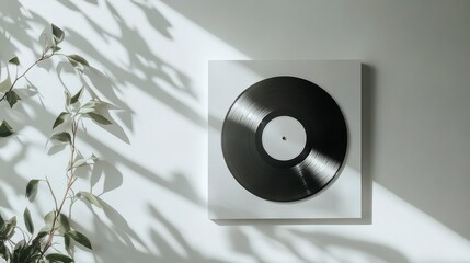 Poster - Vinyl record displayed on a white background with plant and sunlight shadows.