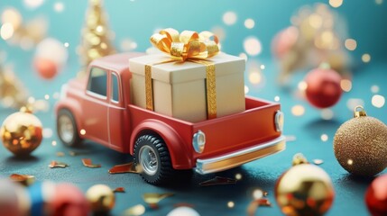 Poster - Red toy truck carrying a gift box among Christmas ornaments.