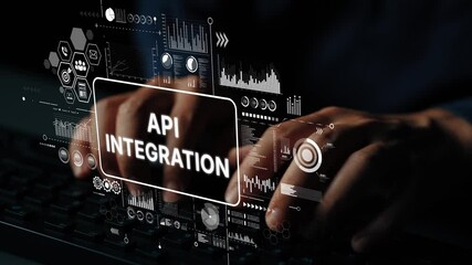 Fototapete - Hands on Keyboard with Digital Overlay for API Integration and Technology Concepts in Modern Workspace. Asymptotic smart data analytic.
