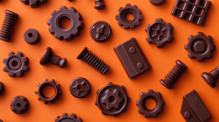 Poster - Flat lay of assorted dark chocolate pieces shaped like various machine parts on orange background.